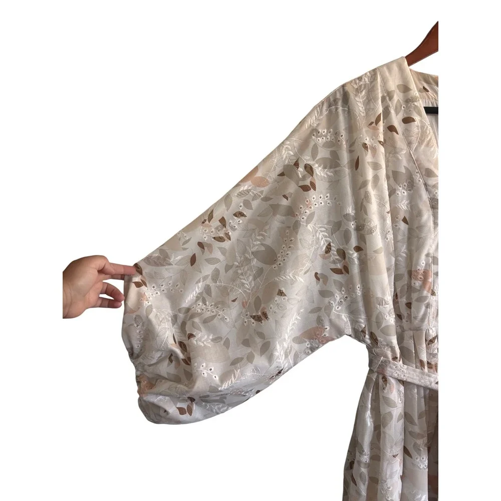 En Saison Womens Leaf Print Eyelet Mini Dress‎ Cream Tan V-Neck Belted Size M